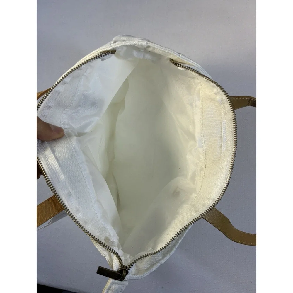 Cozy Earth White‎ Canvas Tote Bag Tan Faux Leather Handles Zippered Large